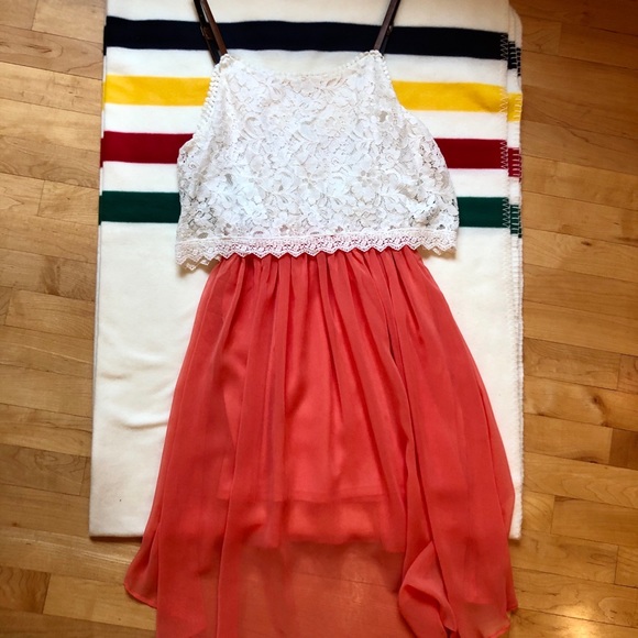 Coral Chiffon with White Lace Dress - Picture 2 of 2